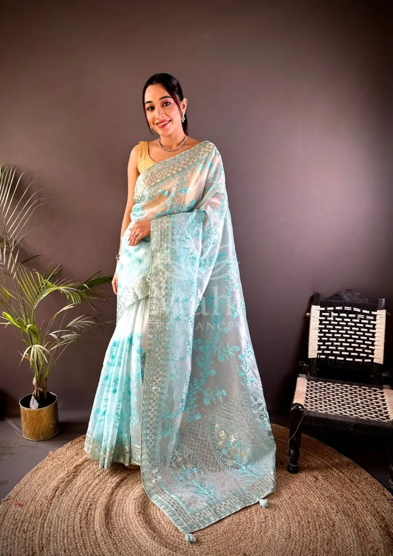 Sea Green Organza Silk Saree, Embroidery — Organza