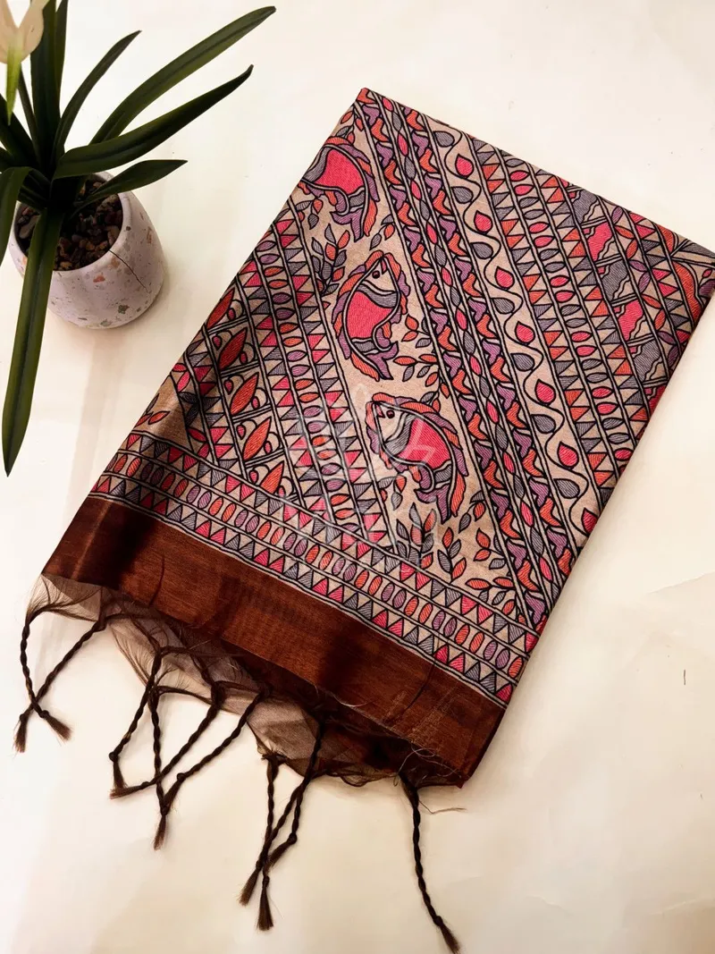 Brown Tussar Silk Saree, Madhubani Print — Tussar