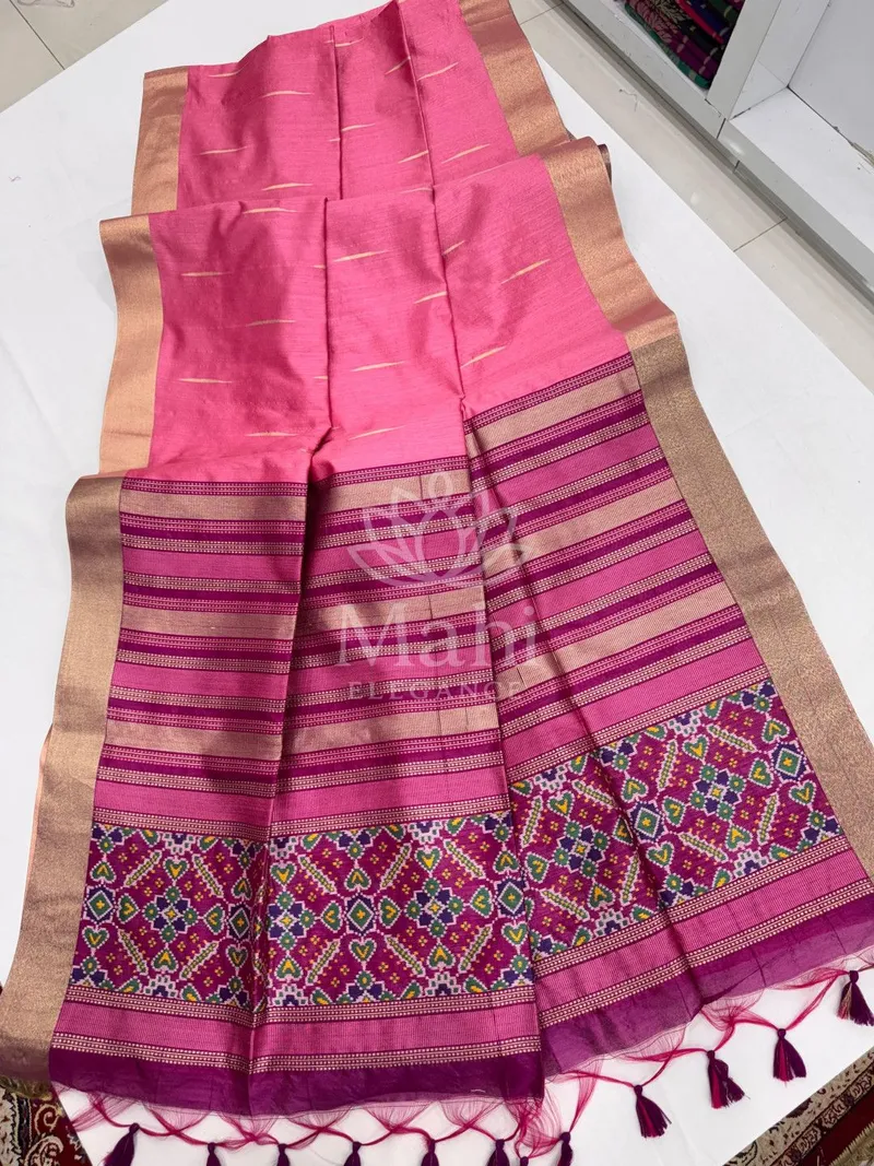 Pink Khadi Raw Silk Saree, Meena & Patola Weave — Patola
