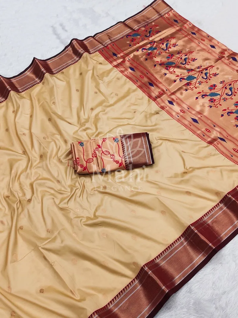 Beige Lichi Silk Paithani Saree, Gold Jari Butti Weave — Paithani