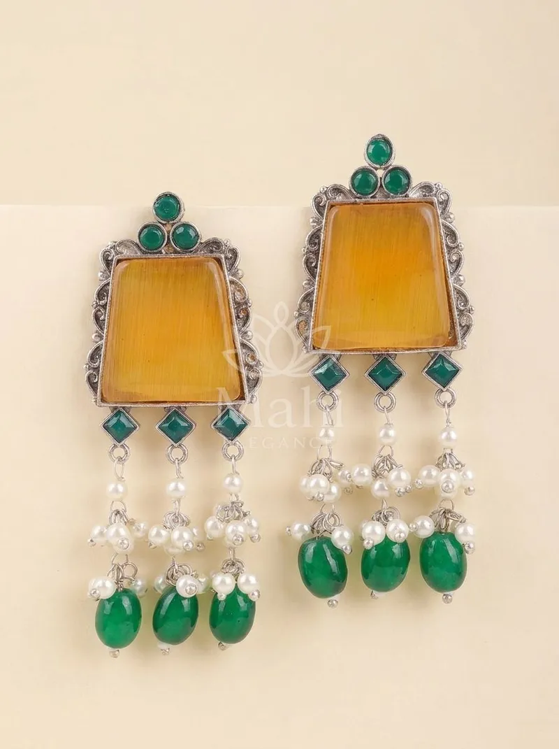 Amber Stone Pearl Danglers — Brass Earring