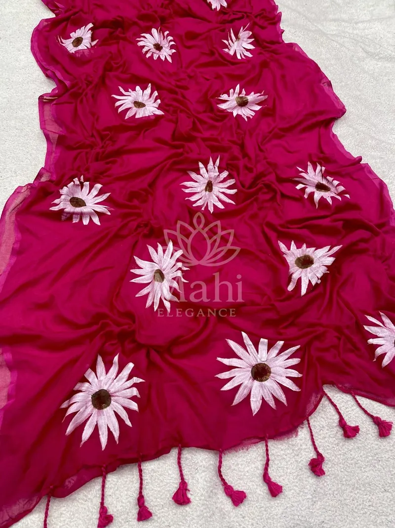 Rani Pink Mulmul Cotton Saree, Hand Brush Floral Print & Tassel — Cotton
