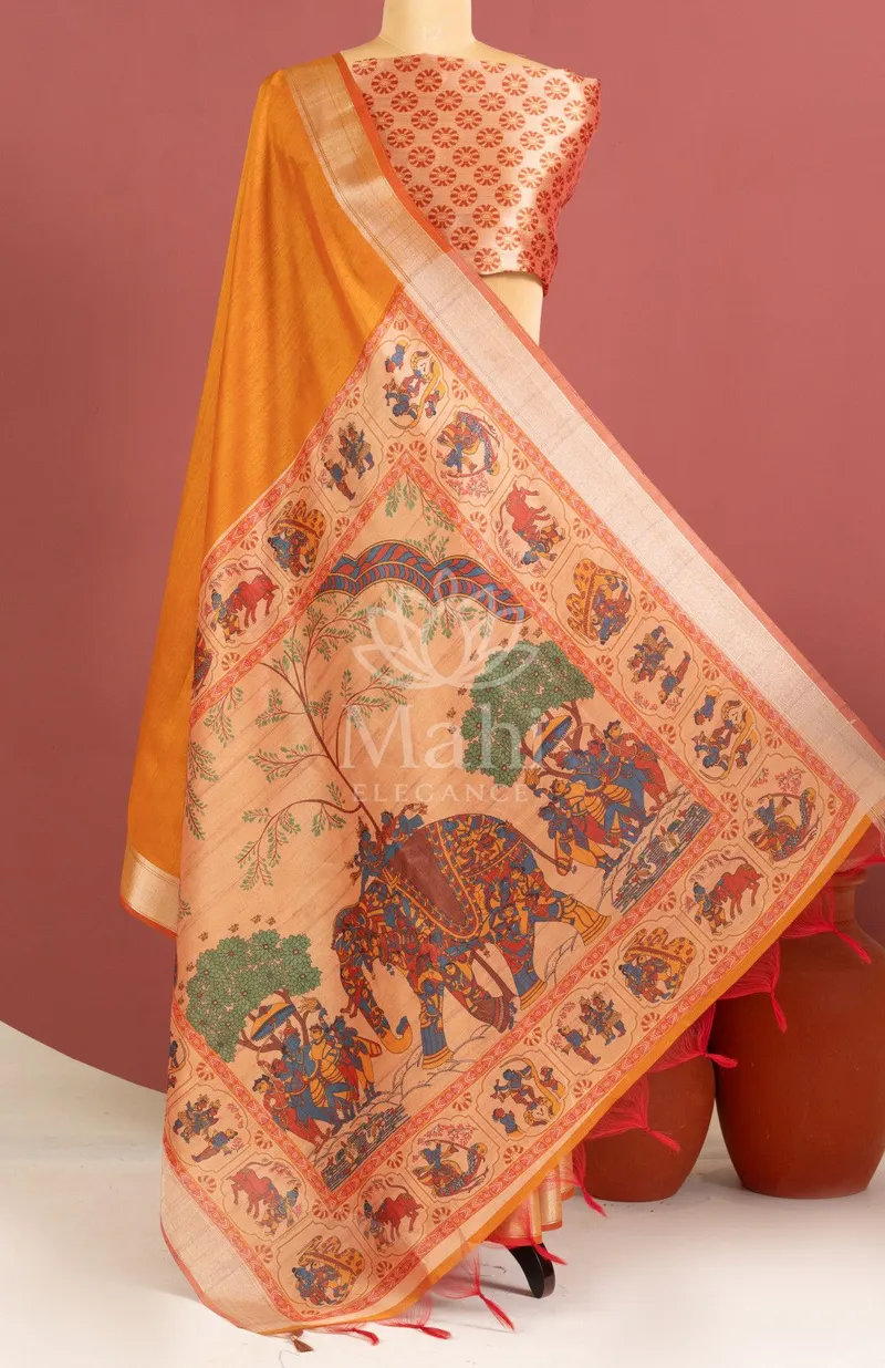 Yellow Khadi Raw Silk Saree, Kalamkari Print — Raw Silk