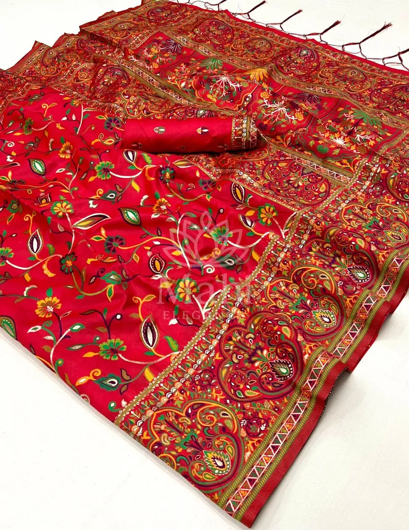 Kavya Red Pashmina Silk Saree, Woven Design — Pashmina