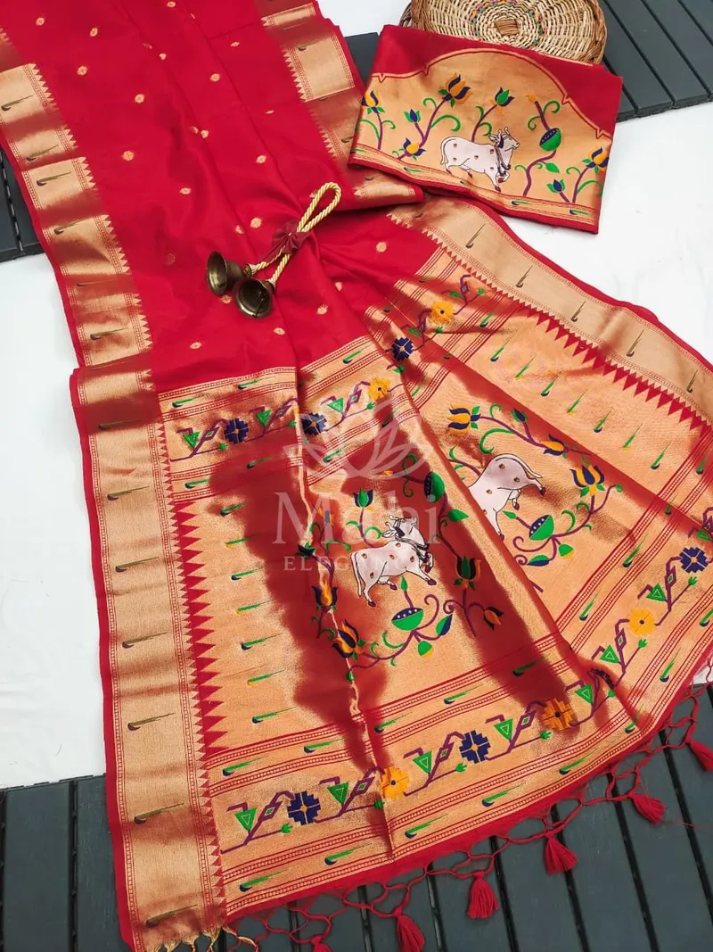 Red Paithani Silk Saree, Pichwai Weave with Zari Pallu — Paithani