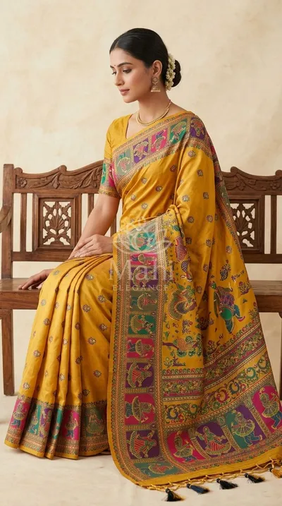 Mustard Yellow Art Silk Saree, Handloom Weave — Handloom