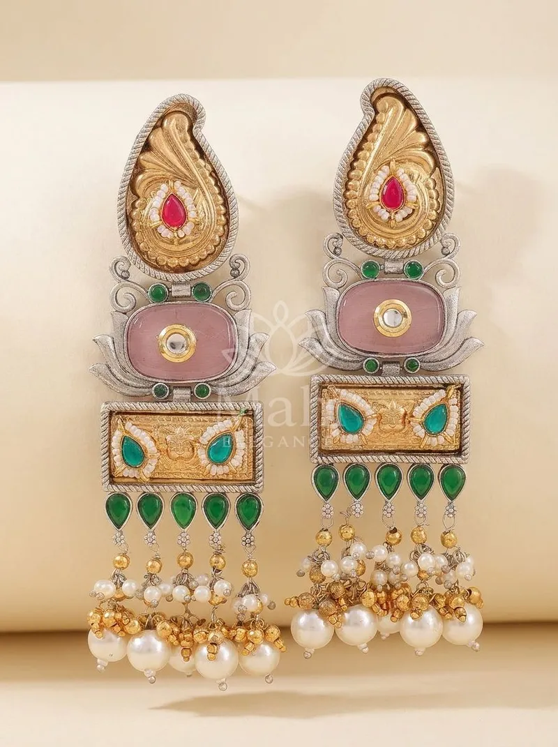 Paisley Motif Pearl Danglers — Brass Earring