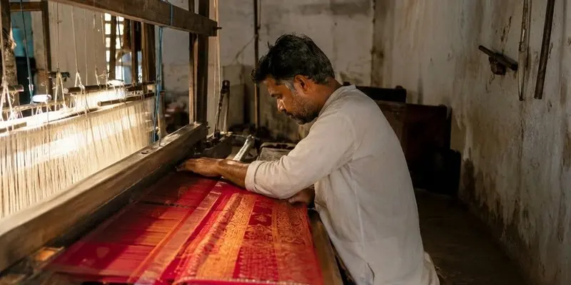 Weaver at a traditional loom, hands guiding red and gold silk fabric