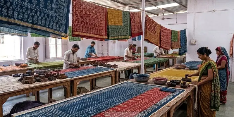 Workshop of artisans hand block-printing colourful patterned fabric on long tables