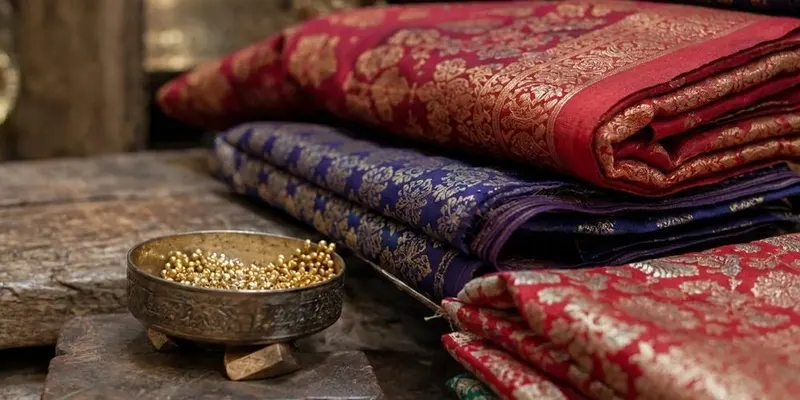 Folded brocade fabrics beside a bowl of gold beads