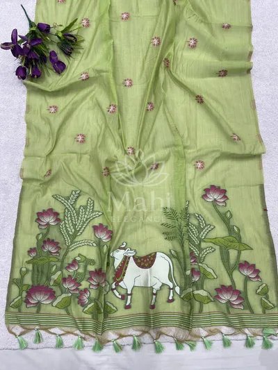 Mahi Parrot Green Muga Cotton Saree, Pichwai Weave — Muga-Cotton