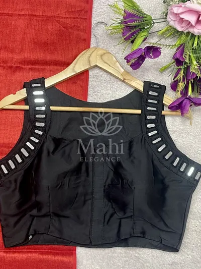 Black color soft satin silk Readymade blouse with mirror work and thread embroidery