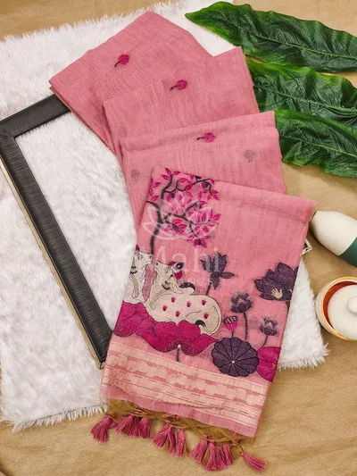 Pink Muga Cotton Saree, Resham Pichwai Weave — Muga-Cotton