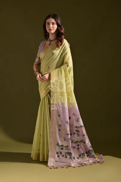 Pista Green Muga Cotton Saree, Resham Pichwai Weave — Muga-Cotton