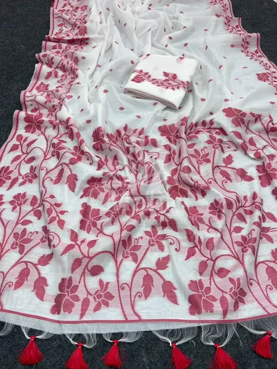 White Muga Cotton Saree, Jamdani Weave — Muga-Cotton