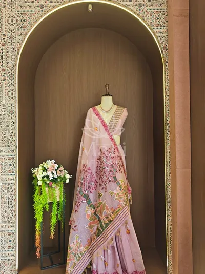 Baby Pink Muga Cotton Saree, Hiran & Floral Weave — Muga-Cotton