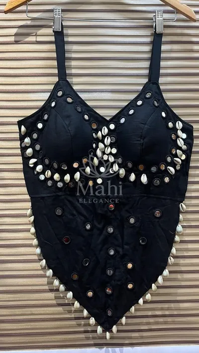 Black color soft cotton blouse with heavy traditional embroidery and mirror work