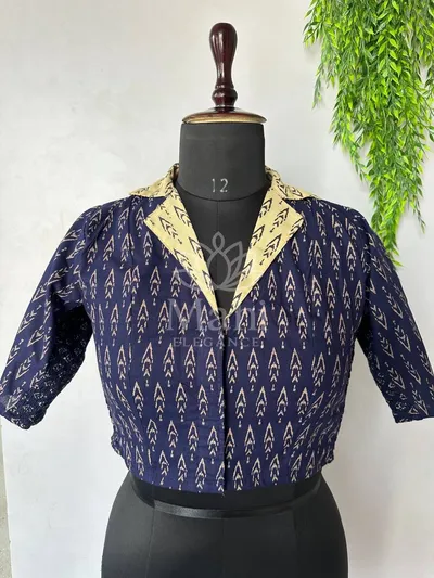 Navy blue color soft cotton blouse with ajrakh printed work