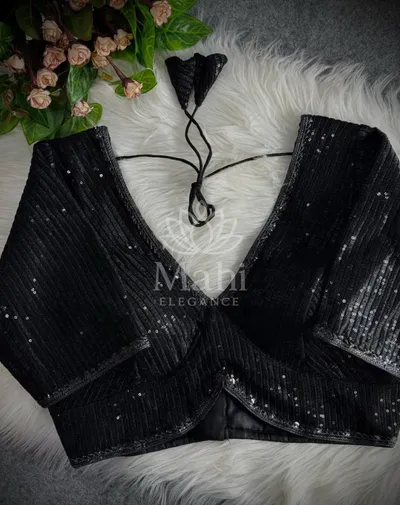 Black color soft faux georgette readymade blouse with handcrafted pearl work
