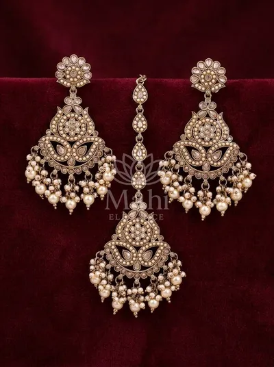 Fan Motif Beaded Danglers With Mangtika — Earring