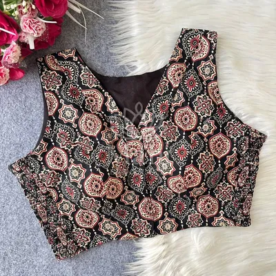 Black color ajrakh printed cotton readymade boat neck blouse