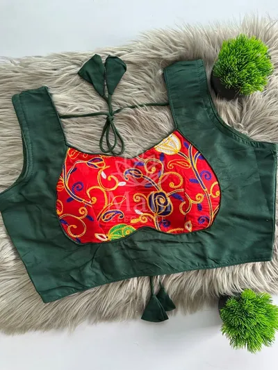 Green color soft magic cotton readymade blouse with dori and latkan