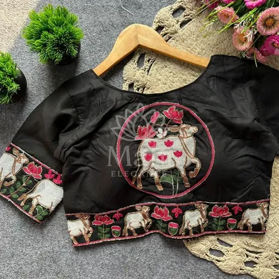 Black color heavy khadi cotton blouse with embroidery work and hand work