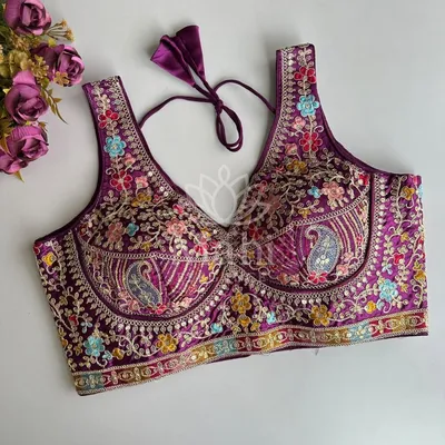 Purple color soft vichitra silk blouse with heavy embroidery work