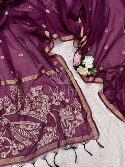 Magenta Muga Cotton Saree, Floral Thread Weave — Muga-Cotton