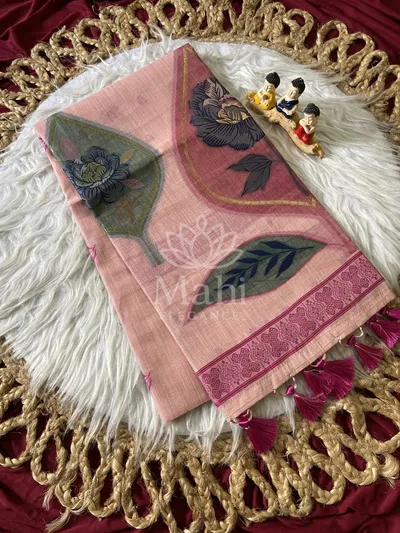 Baby Pink Muga Cotton Saree, Resham Weave & Tassels — Muga-Cotton