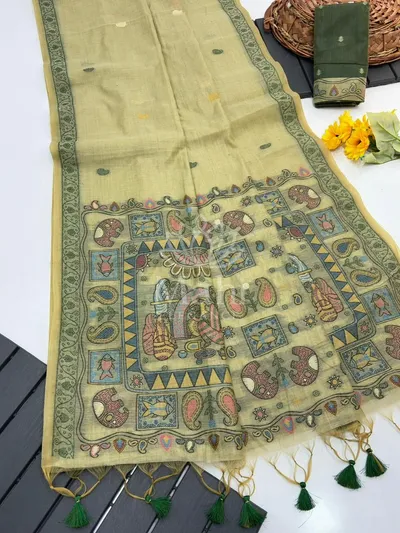 Mahi Pista Green Muga Cotton Saree, Weave — Muga-Cotton