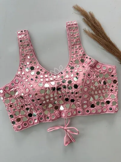 Baby pink color heavy satin silk Ready made blouse with real mirror work