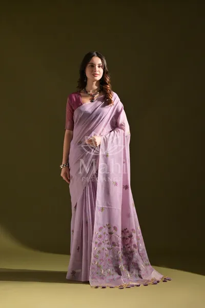 Mohini Lavender Muga Cotton Saree, Pichwai Weave — Muga-Cotton