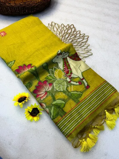 Yellow Muga Cotton Saree, Pichwai Weave — Muga-Cotton