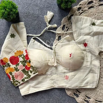 White color heavy khadi cotton blouse with embroidery work