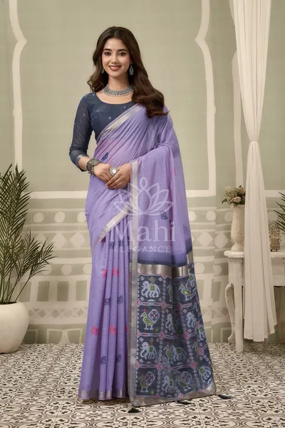 Lavender Muga Cotton Saree, Patola Weave — Muga-Cotton